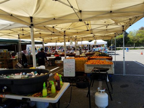 A vibrant outdoor market with tents, displaying various fruits and goods under sunny skies.