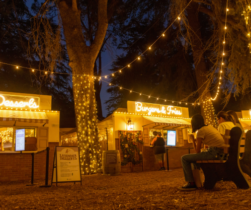 A cozy outdoor food market at night, with string lights illuminating stalls for burgers, fries, and desserts.