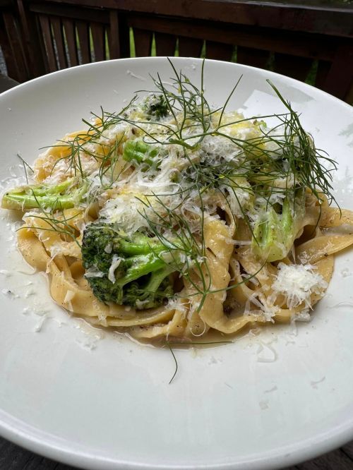 A plate of fettuccine pasta topped with broccoli, herbs, and grated cheese, served in a white bowl.