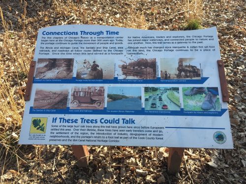Informational sign about Chicago's railway history, featuring images and text on connections and historical significance.