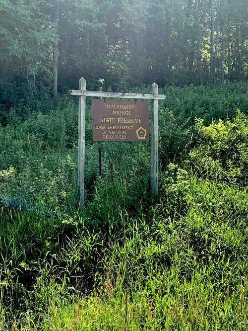 Sign for Malanaphy Springs State Preserve, Iowa Department of Natural Resources, surrounded by lush greenery.