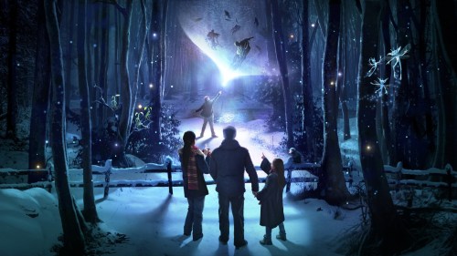 A family stands in a snowy forest, gazing at a magical scene with glowing lights and mystical creatures.