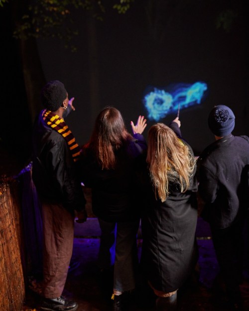 A group of people in dark clothing pointing at a glowing blue light in a forest at night.