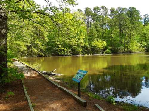 A serene path beside a calm pond, surrounded by lush green trees and a signpost near the water's edge.