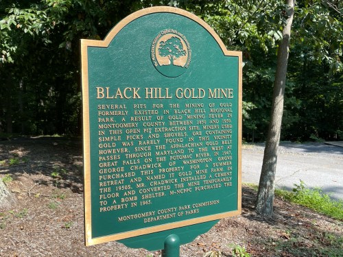 Historical marker about the Black Hill Gold Mine, detailing its history and significance in Montgomery County, Maryland.