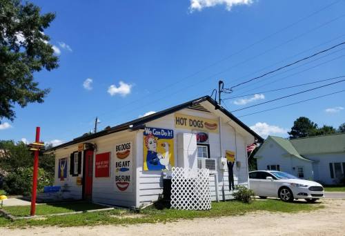 A small, colorful hot dog stand with various signs, set against a clear blue sky and nearby buildings.