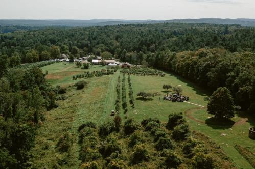 Aerial view of a lush green landscape with fields, trees, and a small farm in the distance under a clear sky.