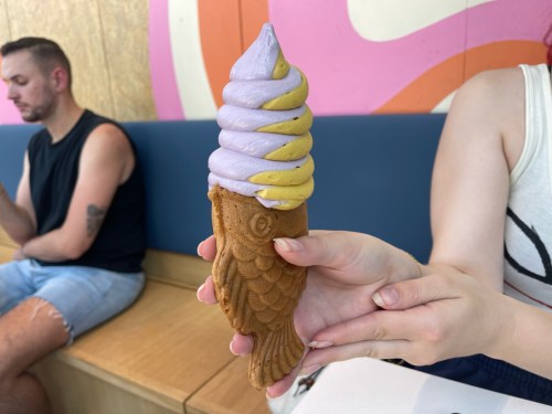 A hand holds a colorful soft serve ice cream in a fish-shaped cone, with a person sitting in the background.