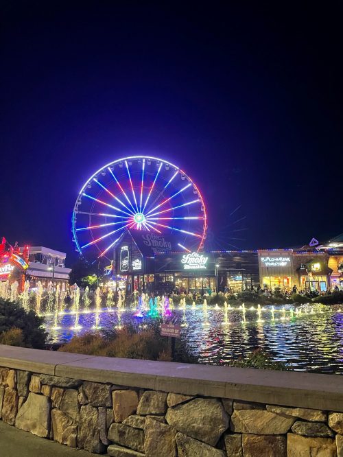 A brightly lit Ferris wheel at night, surrounded by colorful fountains and shops.