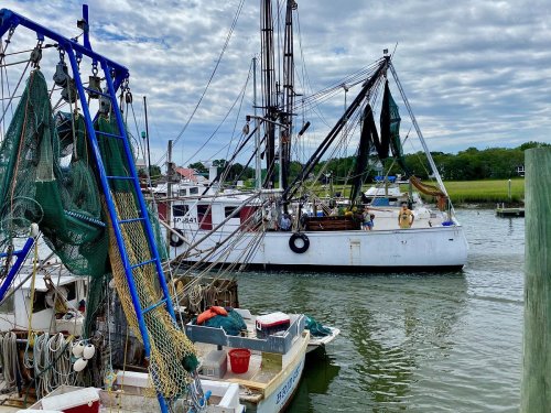 Fishing boats docked in a harbor, with nets and equipment visible, under a cloudy sky.