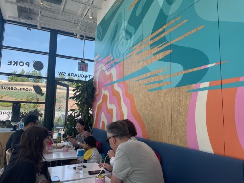 A colorful mural on a restaurant wall with people dining at tables, enjoying food and drinks.