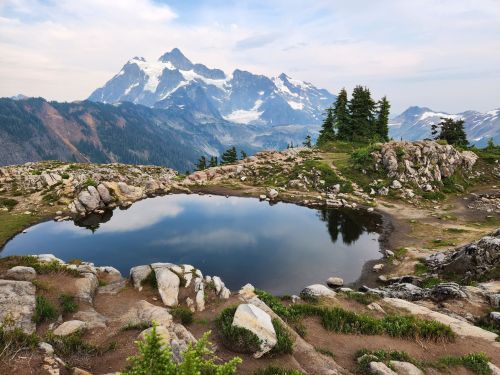 A serene mountain landscape featuring a calm pond surrounded by rocky terrain and lush greenery, with snow-capped peaks in the background.