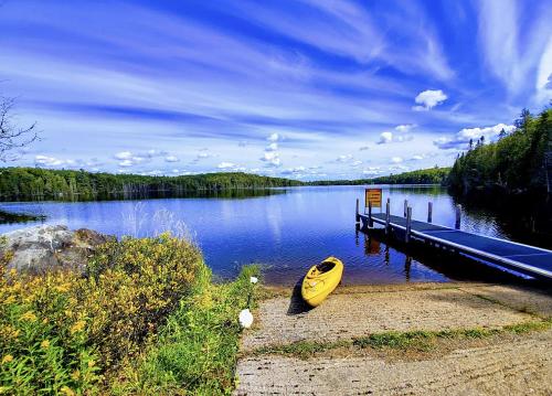 A serene lake scene with a yellow kayak on the shore, surrounded by lush greenery and a blue sky with fluffy clouds.