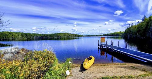 A serene lake scene with a yellow kayak on the shore, a dock, and lush greenery under a blue sky with fluffy clouds.