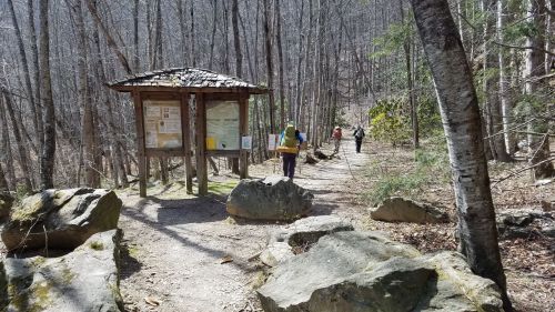 A trailhead sign with information stands near a path in a wooded area, with hikers walking in the background.