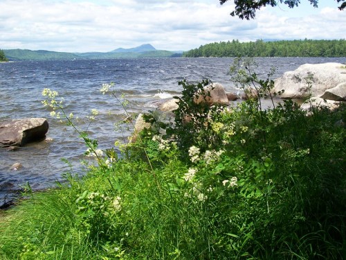 A serene lakeside scene with rocky shores, green foliage, and distant mountains under a partly cloudy sky.