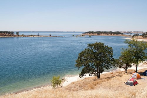A serene lake view with a sandy shore, trees, and a small tent set up on the grassy bank under a clear blue sky.