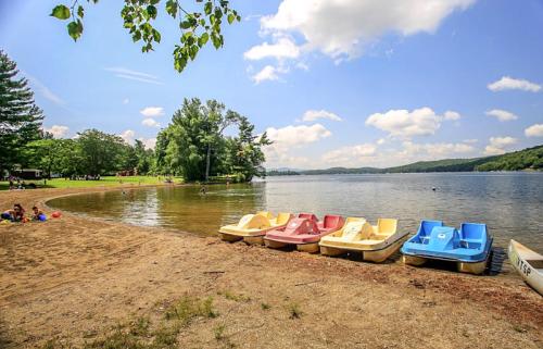 A serene lakeside scene with colorful paddle boats lined up on the shore, surrounded by trees and a clear blue sky.