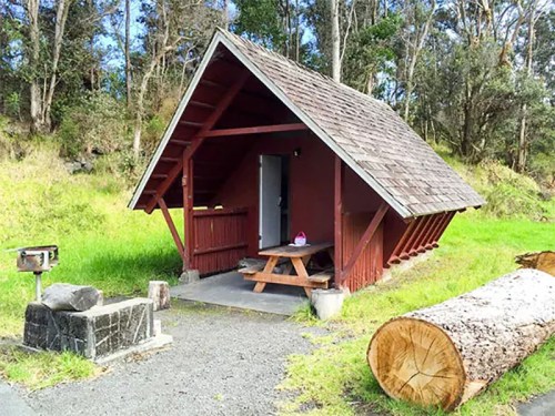 A small, red A-frame cabin with a picnic table outside, surrounded by green grass and trees.