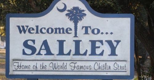 Welcome sign for Salley, South Carolina, featuring a palm tree and text about the Chitlin Strut festival.