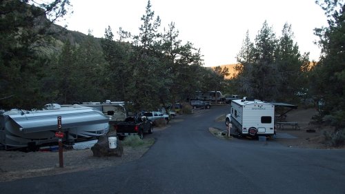 A serene RV campground surrounded by trees, with parked RVs and a winding road leading through the site.