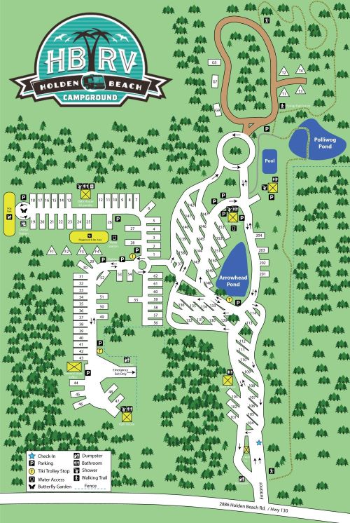 Map of HB RV Campground at Holden Beach, featuring sites, amenities, ponds, and trails in a green, wooded layout.