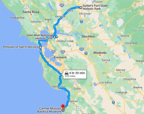 Map showing a route from Carmel Mission Basilica Museum to various historic sites in California, totaling 233 miles.