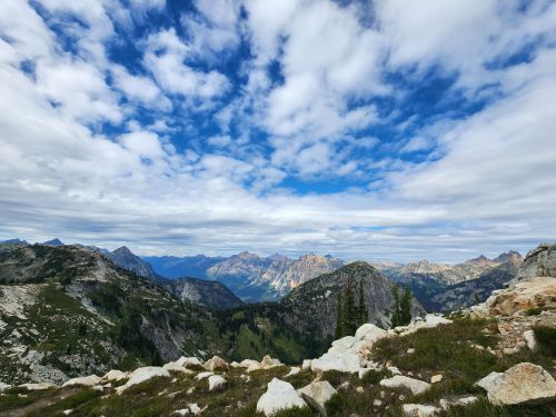 A panoramic view of rugged mountains under a partly cloudy sky, with rocky terrain in the foreground.