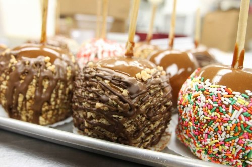 A tray of caramel apples coated in chocolate, nuts, and colorful sprinkles, ready for serving.