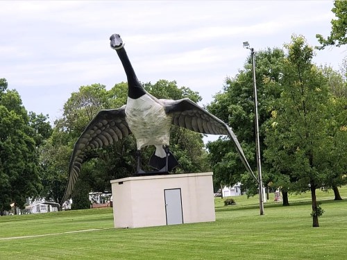 A large statue of a goose with outstretched wings, standing on a pedestal in a grassy park area.