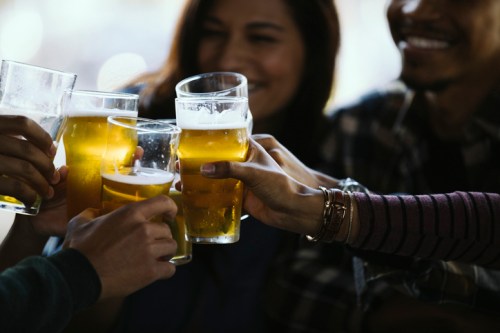 A group of friends toasting with glasses of beer, smiling and enjoying a lively gathering.