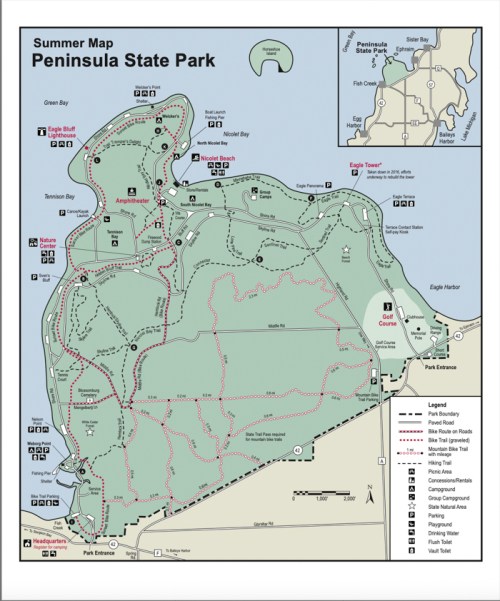 Map of Peninsula State Park showing trails, park entrances, and key features like beaches and lookout points.