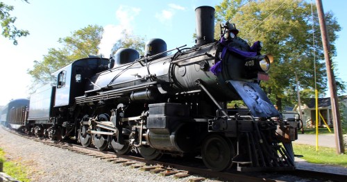 A steam locomotive travels along a green landscape with trees and a clear blue sky.