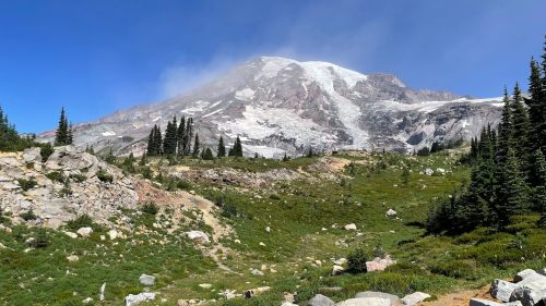 A scenic view of a mountain with glaciers, surrounded by green meadows and trees under a clear blue sky.