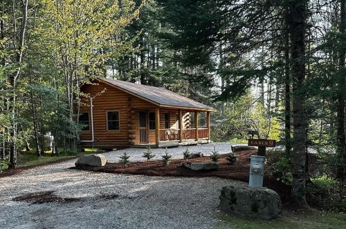 A cozy log cabin surrounded by trees, with a gravel path and a signpost indicating "Cabin 9."