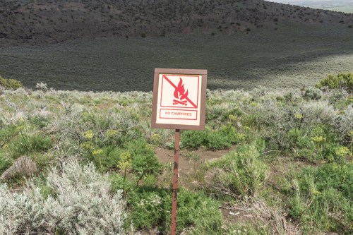 A sign in a grassy area warns against campfires, featuring a fire symbol with a red slash through it.