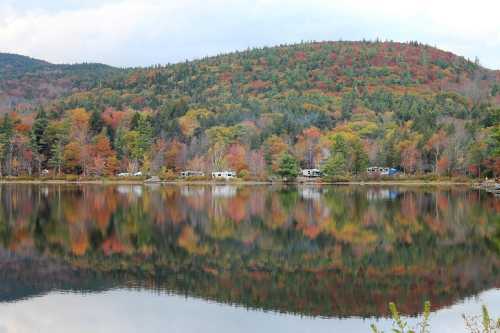 A serene lake reflects vibrant autumn foliage and hills, with campers visible along the shore.