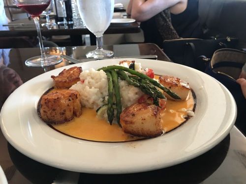 A plate of seared scallops with risotto, asparagus, and a creamy sauce, served in an elegant restaurant setting.