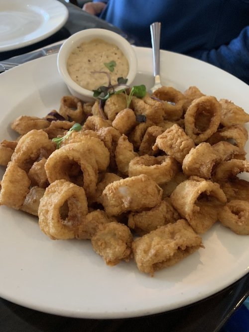 A plate of crispy fried calamari served with a small bowl of dipping sauce.