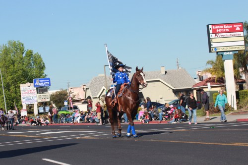 A child in a blue outfit rides a horse, holding a flag, during a parade with spectators lining the street.