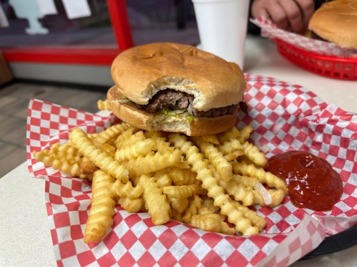A half-eaten burger on a red checkered plate with crinkle-cut fries and a side of ketchup.