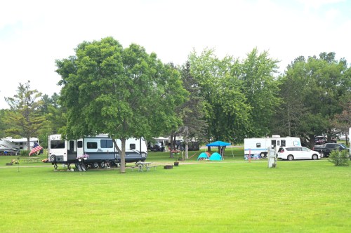 A grassy campsite with RVs, tents, and trees under a cloudy sky, showcasing a peaceful outdoor setting.