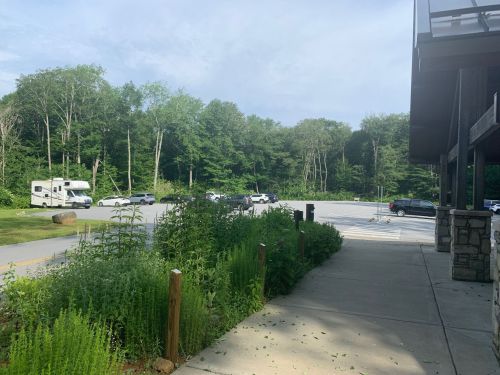 A paved path leads to a parking lot surrounded by greenery and trees under a clear sky.