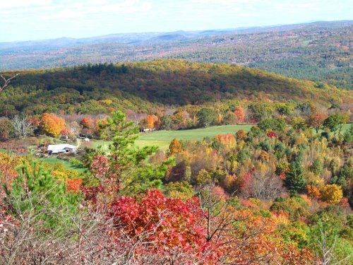 A scenic view of rolling hills covered in vibrant autumn foliage, with a clear sky above and a field in the distance.