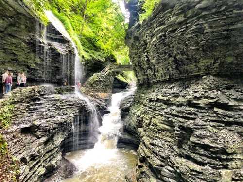 A scenic view of a waterfall cascading through rocky cliffs, surrounded by lush greenery and visitors on a path.