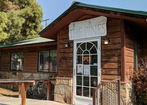 A rustic wooden building with a sign reading "The Pines" and an open door, surrounded by trees and a bicycle outside.