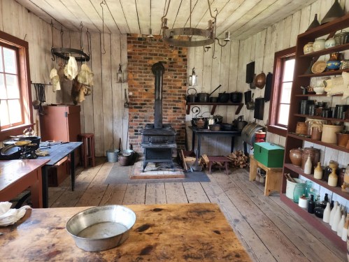 A rustic kitchen with a brick fireplace, wooden shelves filled with jars, and a large table in the foreground.