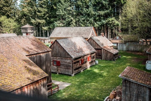 Aerial view of rustic wooden cabins with red shutters, surrounded by lush green grass and tall trees.