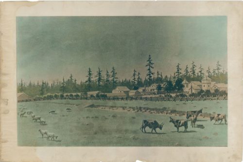 A serene landscape featuring cows grazing in a field, with a small village and trees in the background.