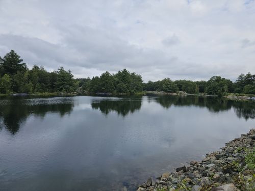 A calm lake surrounded by trees, with a rocky shoreline and cloudy skies reflecting on the water's surface.